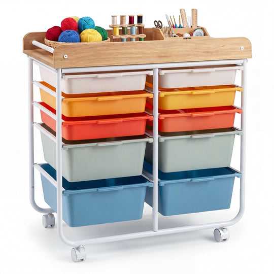 10-Drawer Rolling Cart with Wooden Tabletop and Lockable Wheels for Office