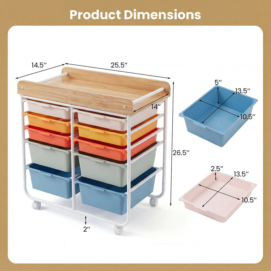 10-Drawer Rolling Cart with Wooden Tabletop and Lockable Wheels for Office