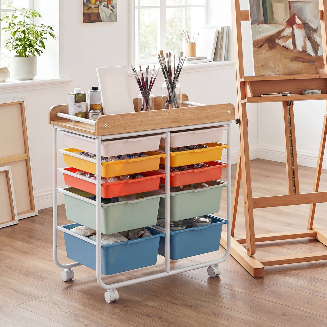10-Drawer Rolling Cart with Wooden Tabletop and Lockable Wheels for Office