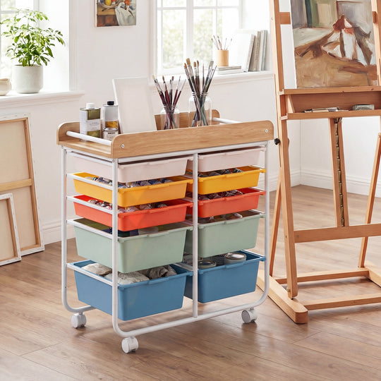 10-Drawer Rolling Cart with Wooden Tabletop and Lockable Wheels for Office