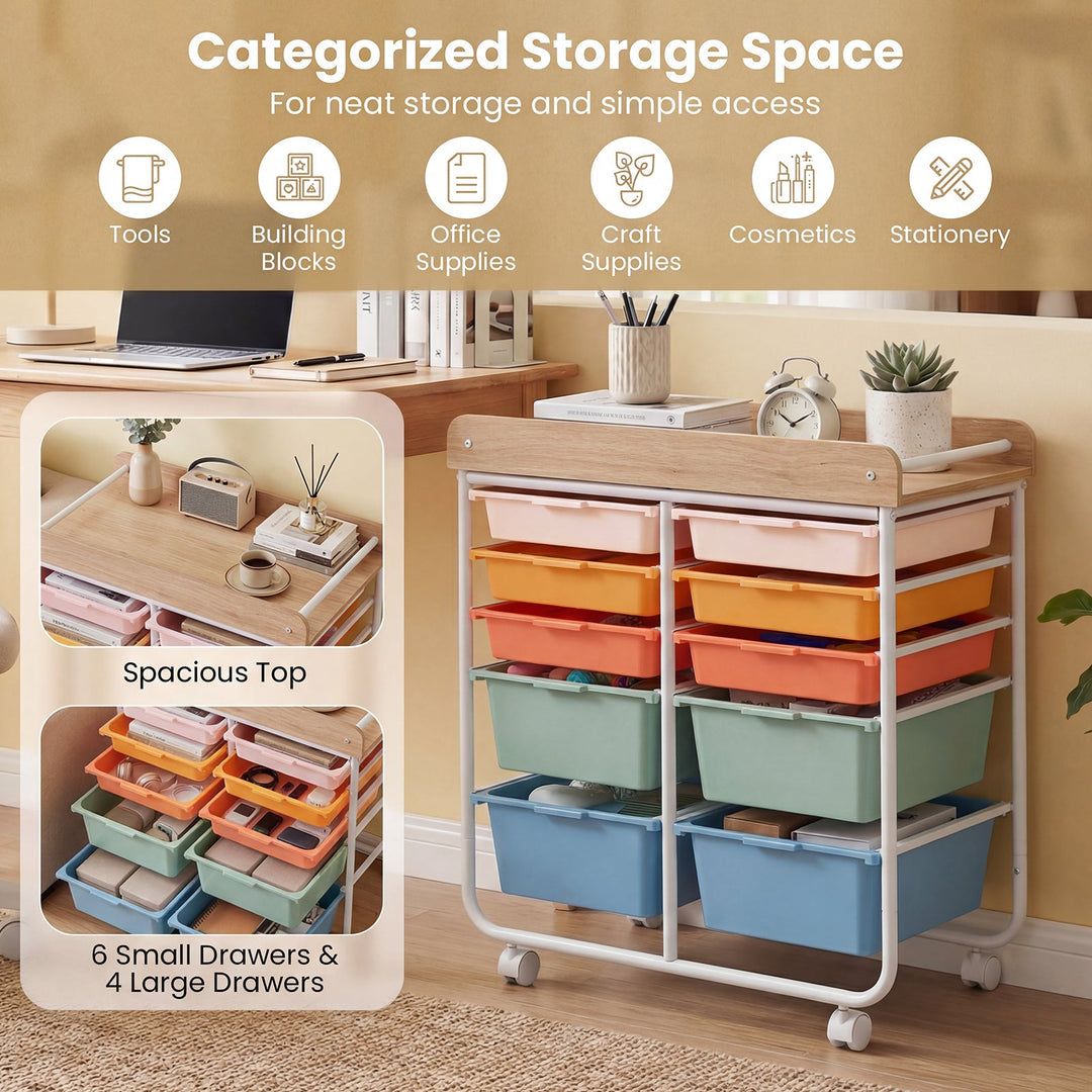 10-Drawer Rolling Cart with Wooden Tabletop and Lockable Wheels for Office