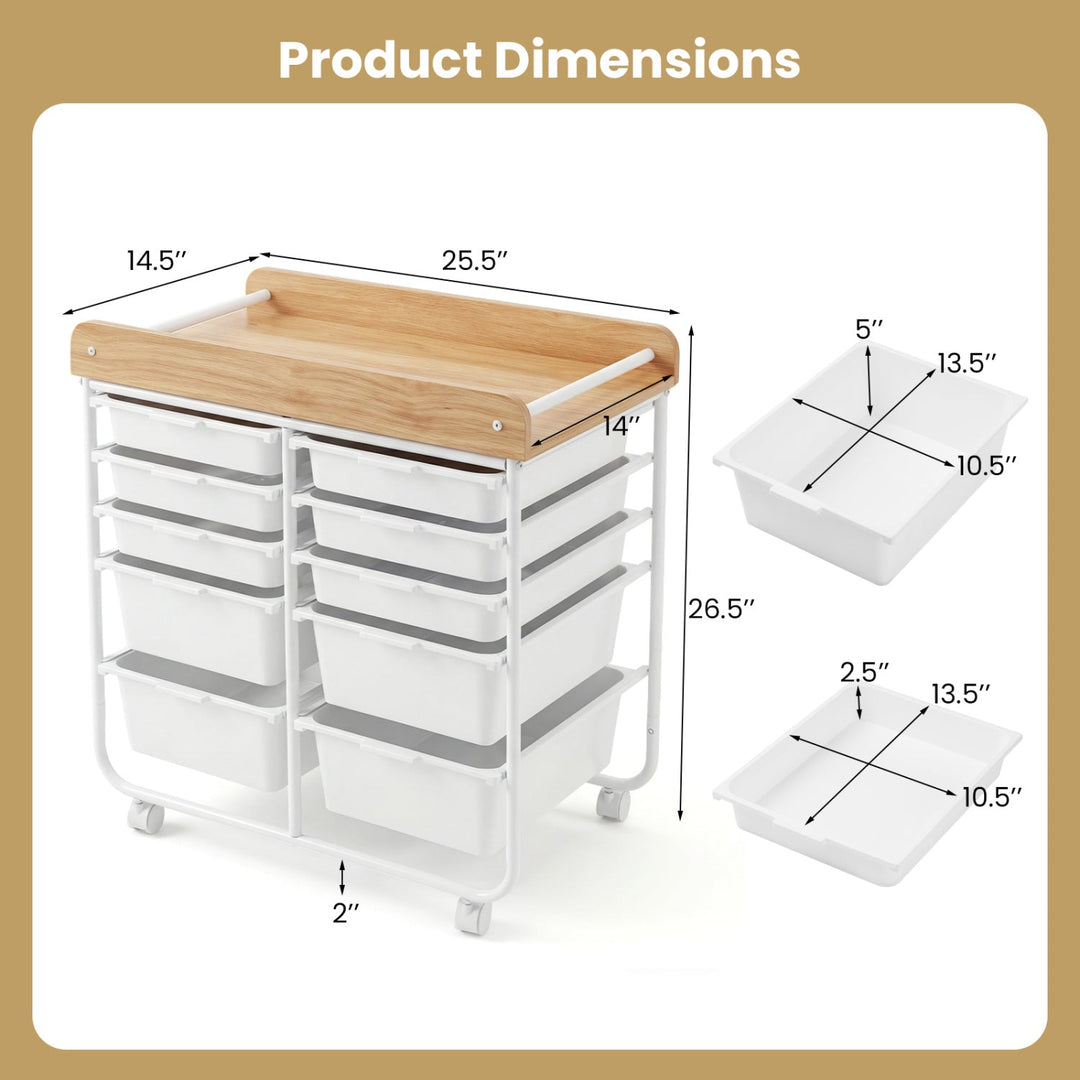 10-Drawer Rolling Cart with Wooden Tabletop and Lockable Wheels for Office