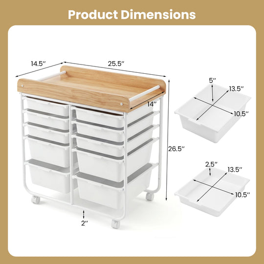 10-Drawer Rolling Cart with Wooden Tabletop and Lockable Wheels for Office