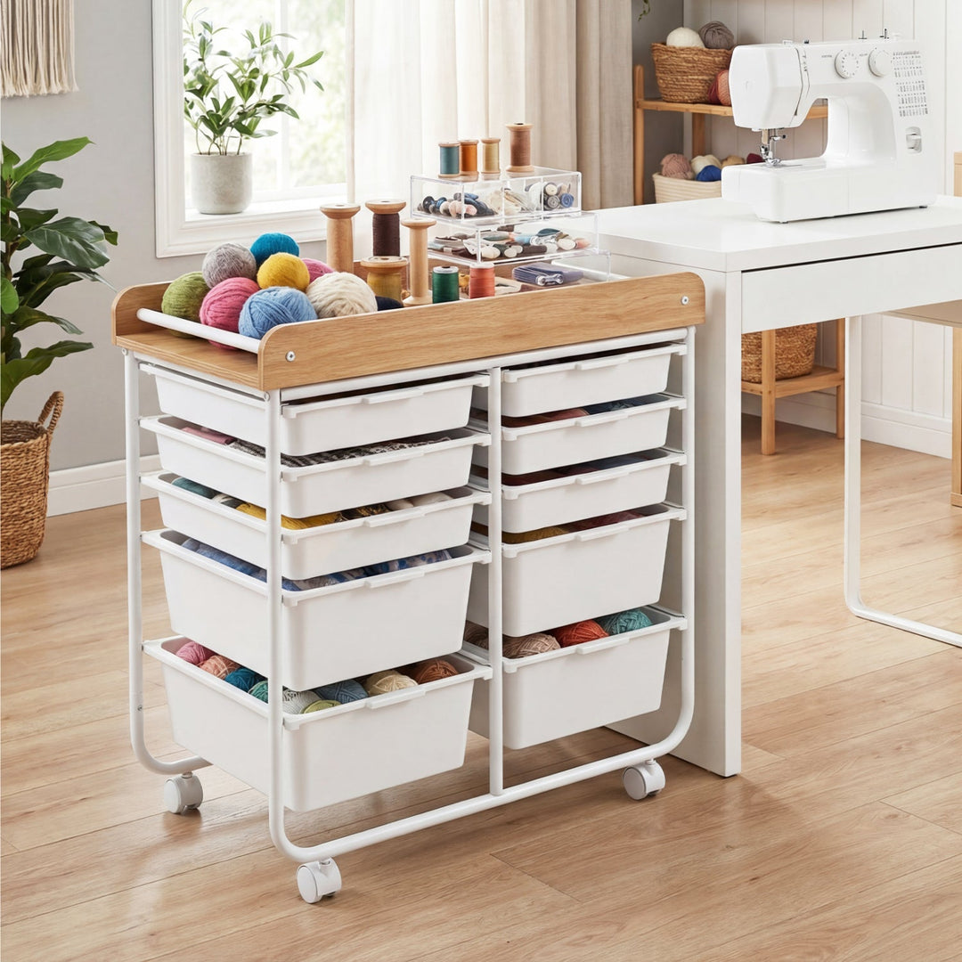 10-Drawer Rolling Cart with Wooden Tabletop and Lockable Wheels for Office