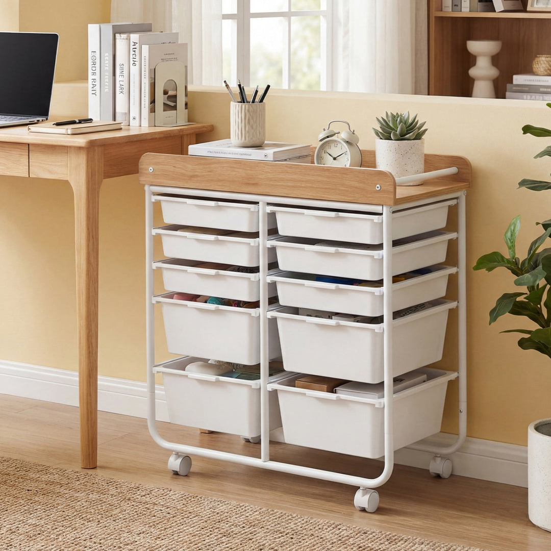 10-Drawer Rolling Cart with Wooden Tabletop and Lockable Wheels for Office
