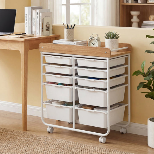 10-Drawer Rolling Cart with Wooden Tabletop and Lockable Wheels for Office