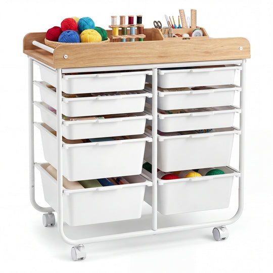 10-Drawer Rolling Cart with Wooden Tabletop and Lockable Wheels for Office