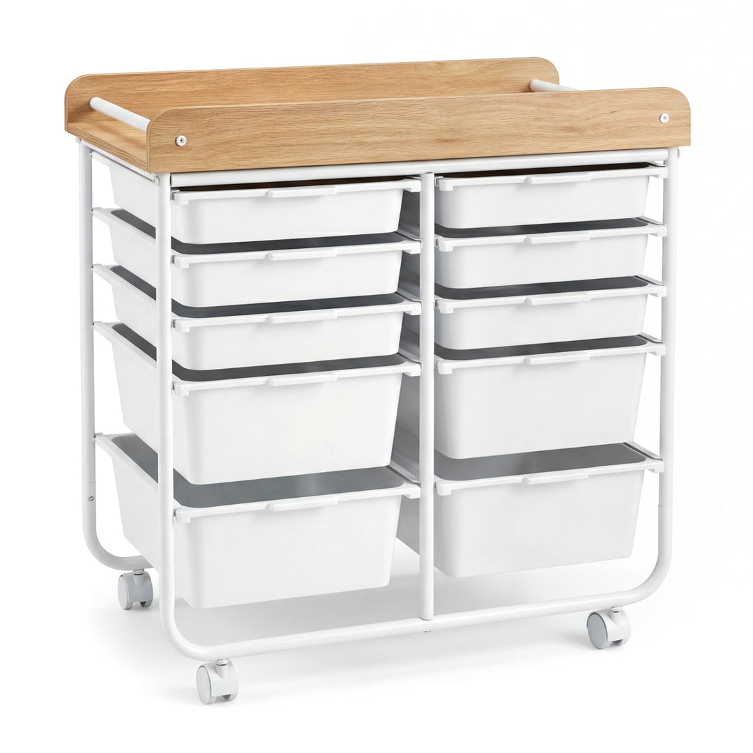 10-Drawer Rolling Cart with Wooden Tabletop and Lockable Wheels for Office
