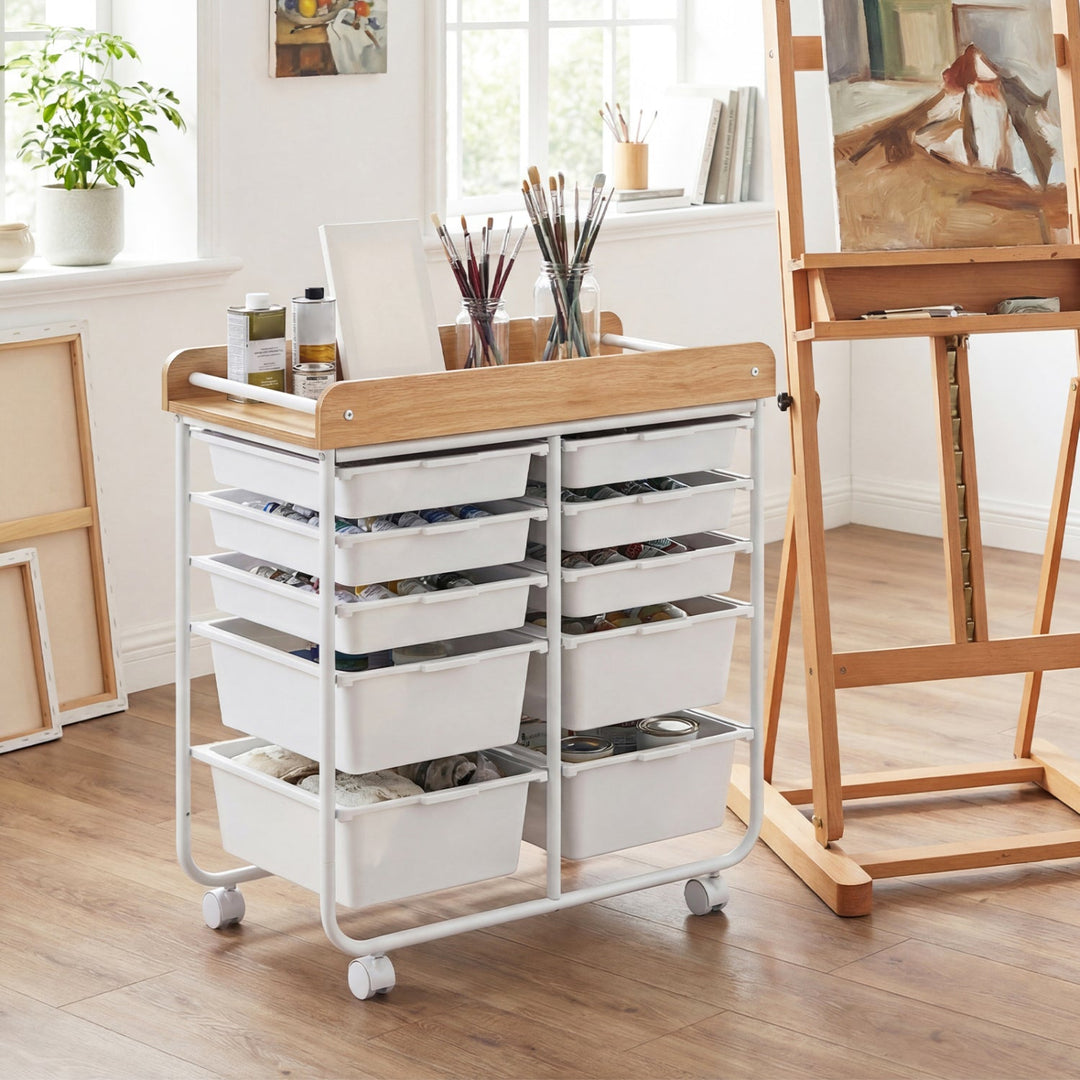 10-Drawer Rolling Cart with Wooden Tabletop and Lockable Wheels for Office