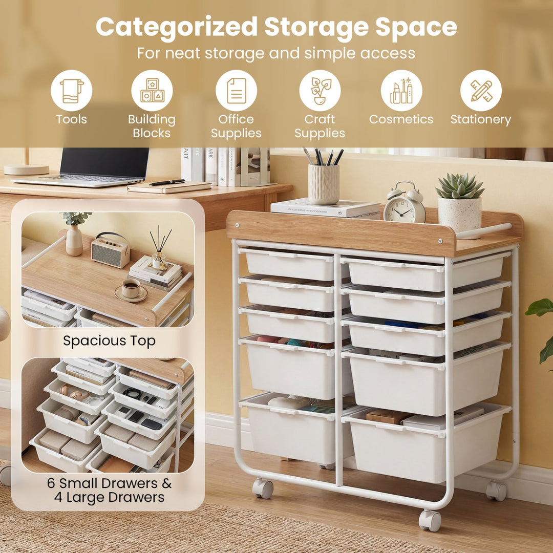 10-Drawer Rolling Cart with Wooden Tabletop and Lockable Wheels for Office
