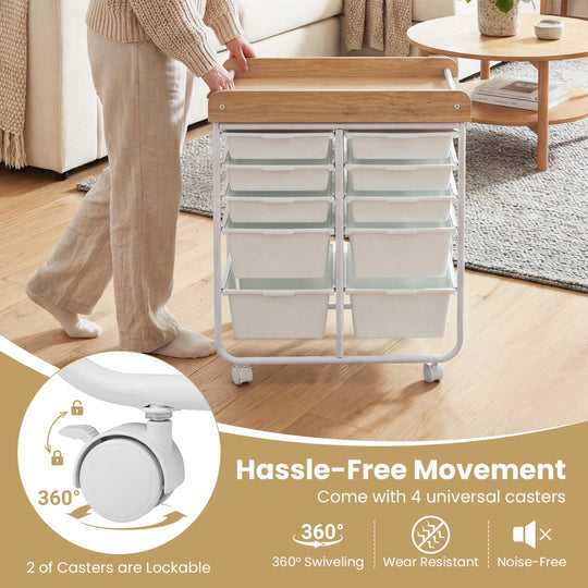 10-Drawer Rolling Cart with Wooden Tabletop and Lockable Wheels for Office