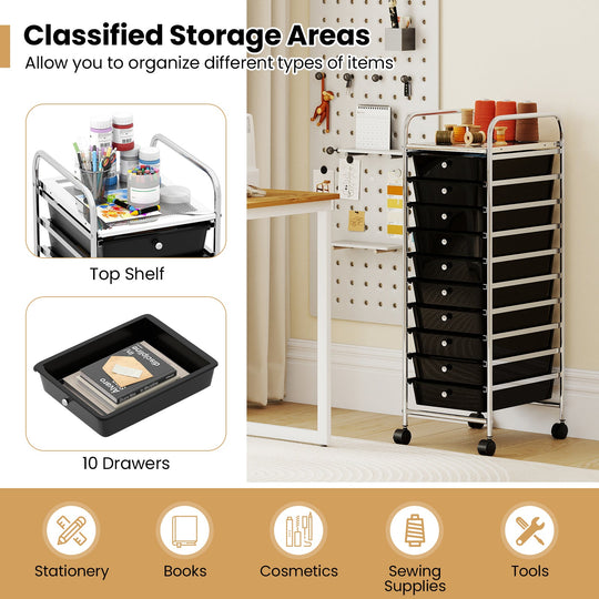 10-Drawer Rolling Storage Cart with Metal Frame and Lockable Universal Wheels