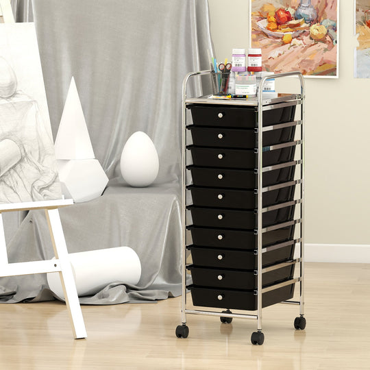 10-Drawer Rolling Storage Cart with Metal Frame and Lockable Universal Wheels