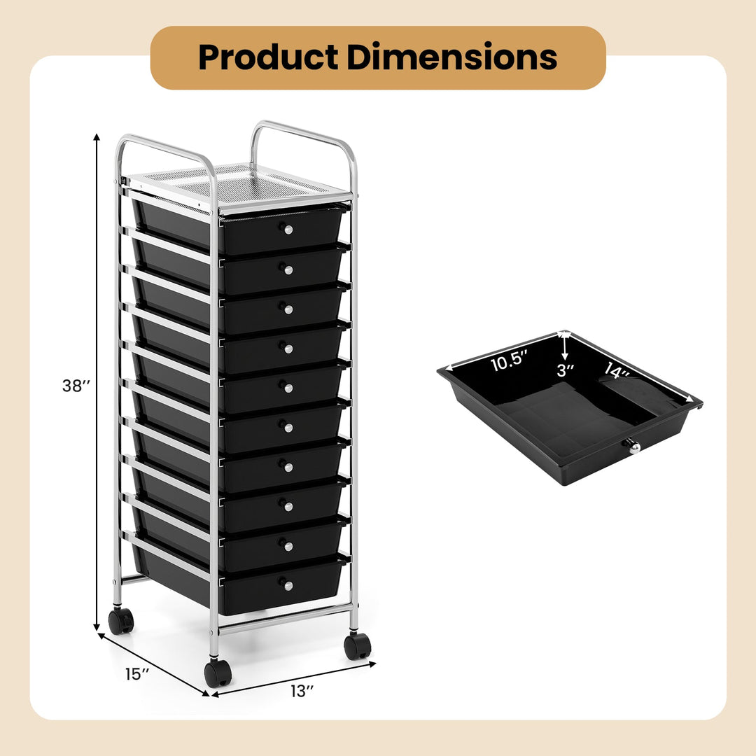 10-Drawer Rolling Storage Cart with Metal Frame and Lockable Universal Wheels