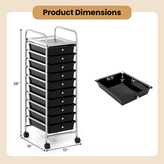 10-Drawer Rolling Storage Cart with Metal Frame and Lockable Universal Wheels