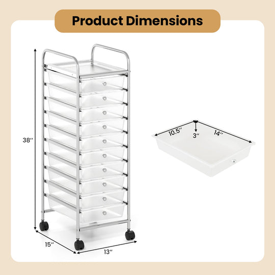 10-Drawer Rolling Storage Cart with Metal Frame and Lockable Universal Wheels
