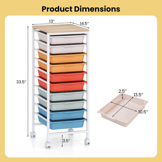 10-Drawer Rolling Storage Cart Mobile Utility Organizer with Wooden Tabletop and Lockable Wheels