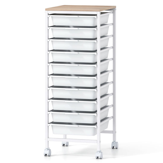 10-Drawer Rolling Storage Cart Mobile Utility Organizer with Wooden Tabletop and Lockable Wheels
