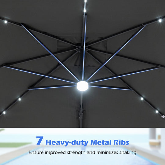 10 FT Cantilever Patio Umbrella with Solar LED Lights for Pool and Garden