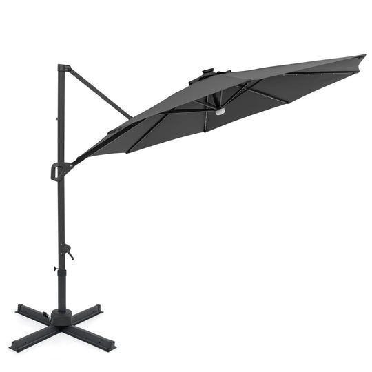 10 FT Cantilever Patio Umbrella with Solar LED Lights 360° Rotation