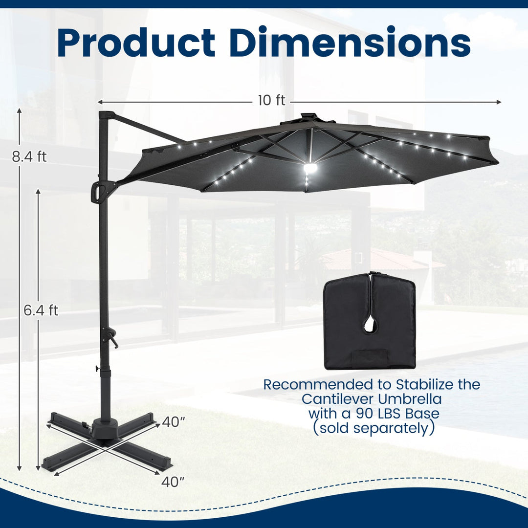 10 FT Cantilever Patio Umbrella with Solar LED Lights 360° Rotation