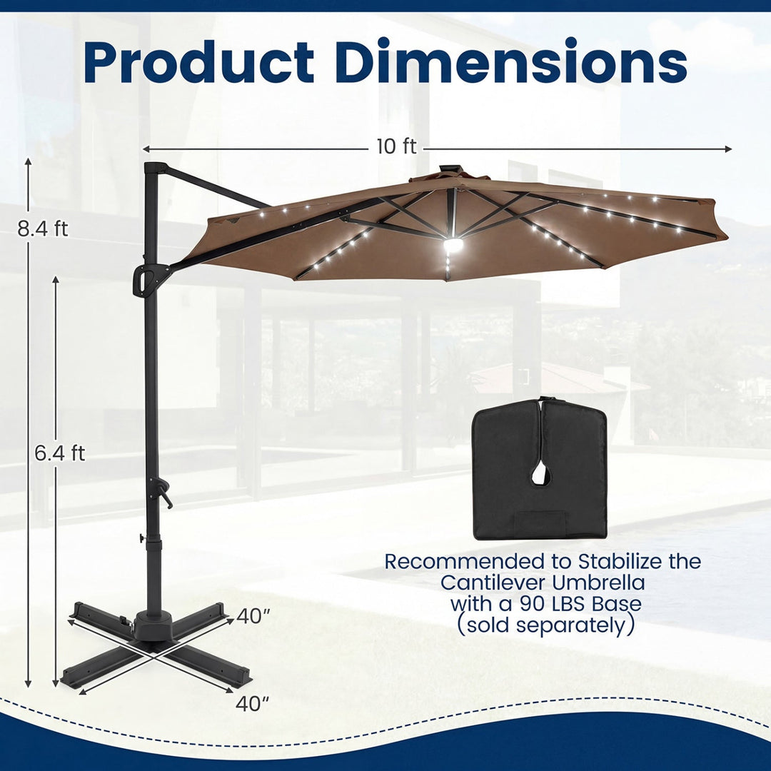 10 FT Cantilever Patio Umbrella with Solar LED Lights 360° Rotation