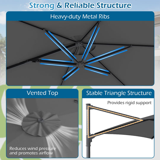 10 FT Patio Cantilever Umbrella with 360° Rotation and Air Vent for Backyard and Poolside