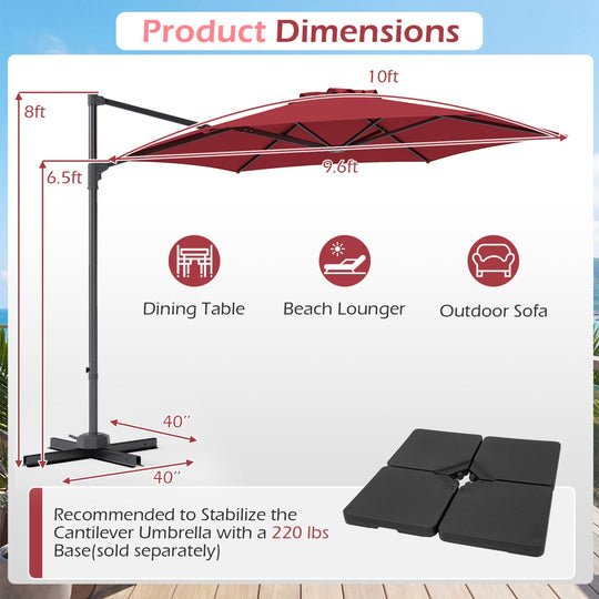 10 FT Patio Cantilever Umbrella with 360° Rotation and Air Vent for Backyard and Poolside