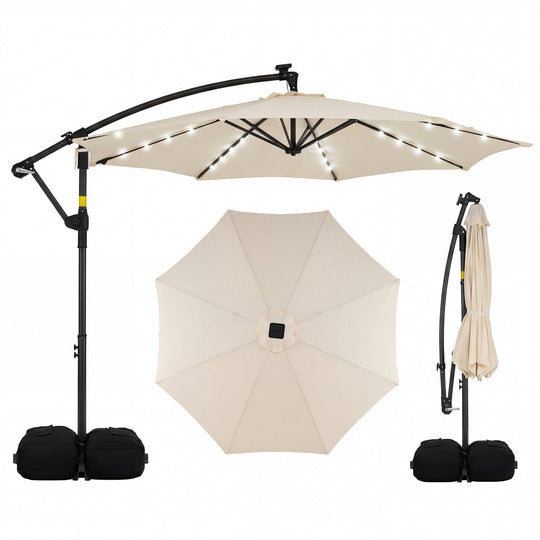 10 FT Solar LED Offset Cantilever Patio Umbrella Hanging Outdoor Market Umbrella