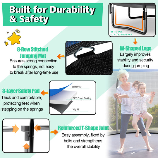 10 Feet ASTM Approved Recreational Trampoline with Ladder-Black