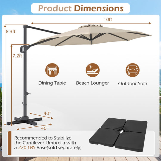 10 Feet Patio Cantilever Umbrella with Easy Tilt Adjustment