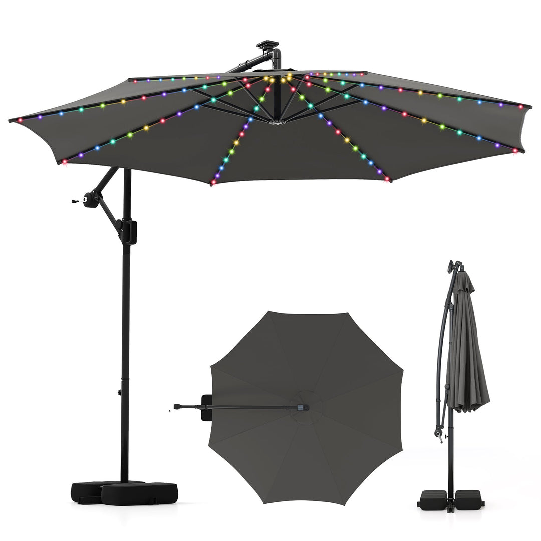 10 Feet Solar Offset Hanging Umbrella with Base and LED Lights