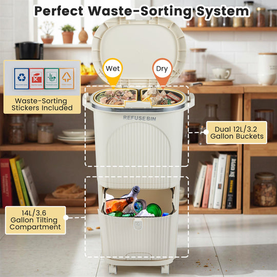 10 Gallon Kitchen Trash Can Double-Layer with Lid and 2 Removable Buckets-Beige