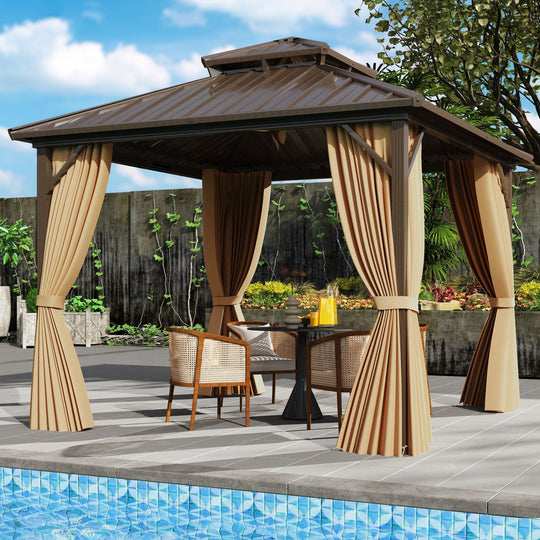 10 X 10 Feet Hardtop Gazebo with Netting and Curtain for Patio Backyard-Coffee