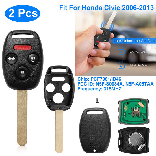 2Pcs Fit For Honda Civic 2006-2013 Remote Keyless Entry Shell Button Car Key _x000B__x000B_Fob Uncut Key Cover Case N5F-S0084A N5F-A05TAA