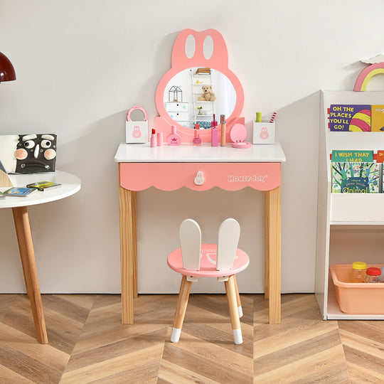 Kids Vanity Set Rabbit Makeup Dressing Table Chair Set with Mirror and Drawer-White