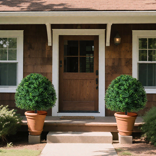 28 Inches Artificial Boxwood Topiary Ball Tree Set of 2 with Ground Spike-Green