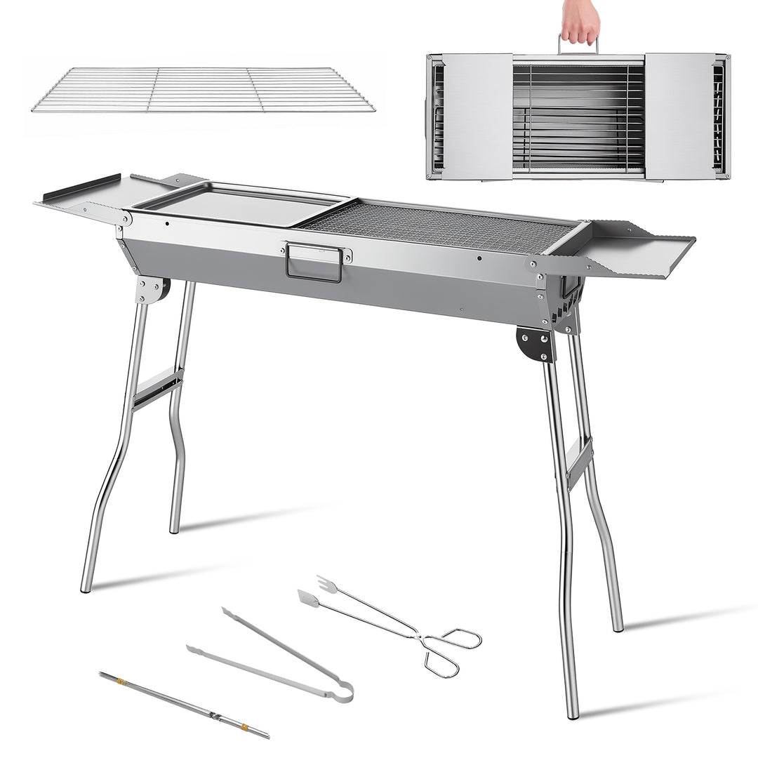 Portable Charcoal Grill with Folding Legs & Side Trays Stainless Steel Outdoor BBQ Grill with Large Cooking Grate Charco