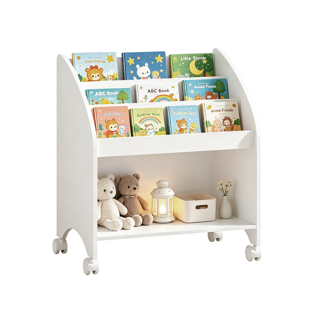 Kids Bookshelf with Wheels, 3-Tier Front Display Bookcase with Storage Shelf, Mobile Children Book Organizer with Lockab
