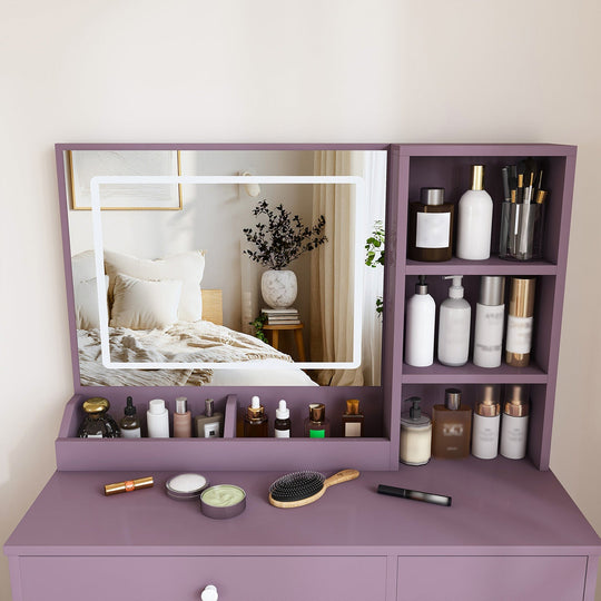 Purple Vanity Desk with Lighted Mirror & Padded Stool