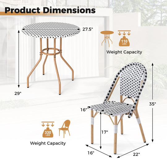 3 Piece French Bistro Table Chair Set with Outdoor Wicker Round Table and 2 Dining Chairs