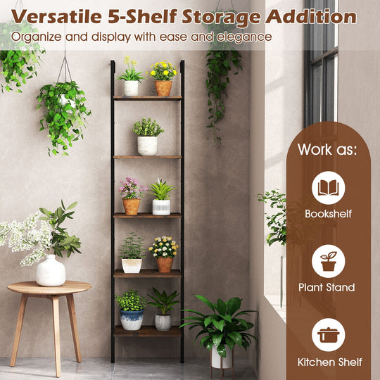 5 Tier Wall Mount Ladder Shelf with Anti-Tipping Kits for Home Office-Rustic Brown