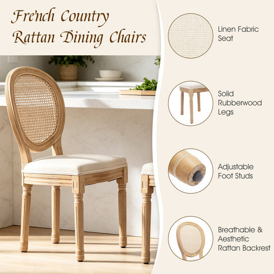 French Oval Rattan Back Dining Chairs Set of 2 - Solid Wood