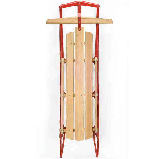 54 Inch Wood Snow Sled with Metal Runners and Steering Bar