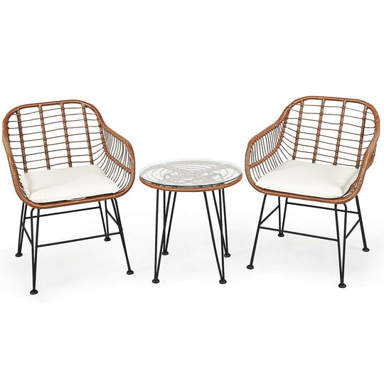 3-Piece Rattan Bistro Set with Cushions and Glass Table