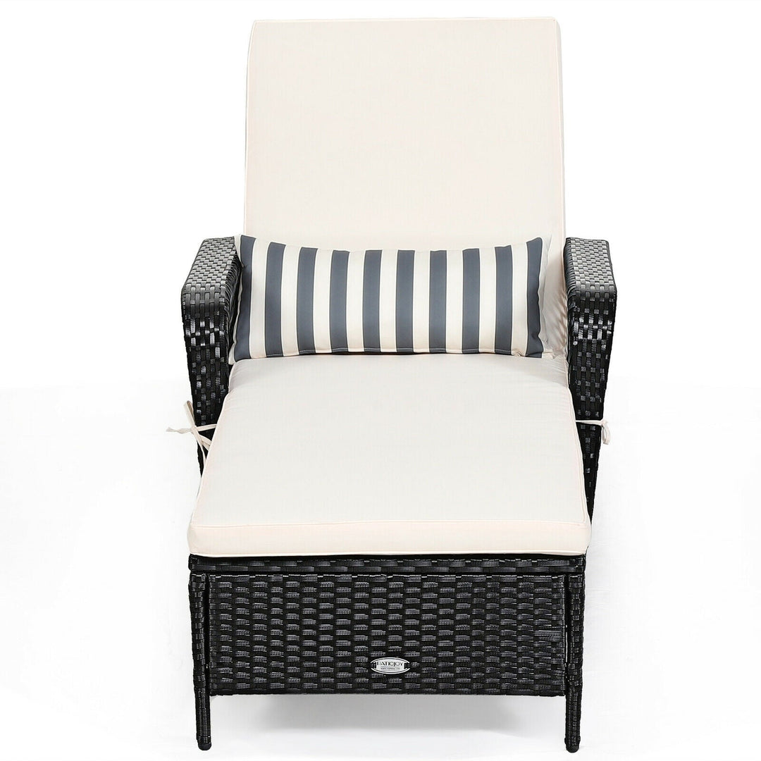 Patio Wicker Chaise Lounge Chair with Pillow and Adjustable Backrest with Cushion-Black