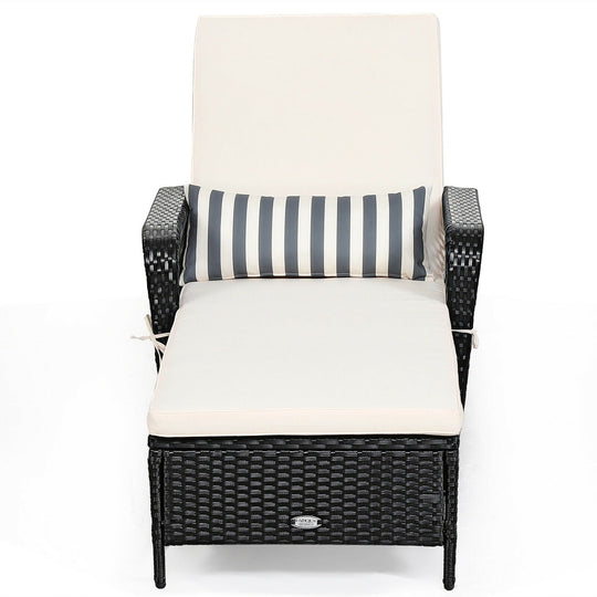 Patio Wicker Chaise Lounge Chair with Pillow and Adjustable Backrest with Cushion-Black