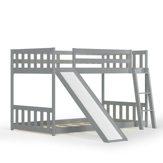 Twin over Twin Bunk Wooden Low Bed with Slide Ladder for Kids