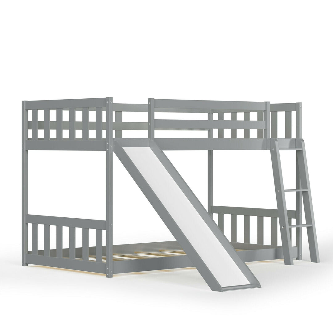 Twin over Twin Bunk Wooden Low Bed with Slide Ladder for Kids