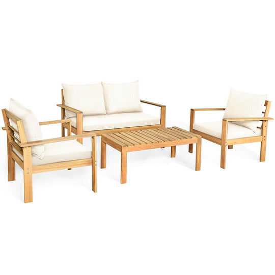 Outdoor 4 Pieces Acacia Wood Chat Set with Water Resistant Cushions